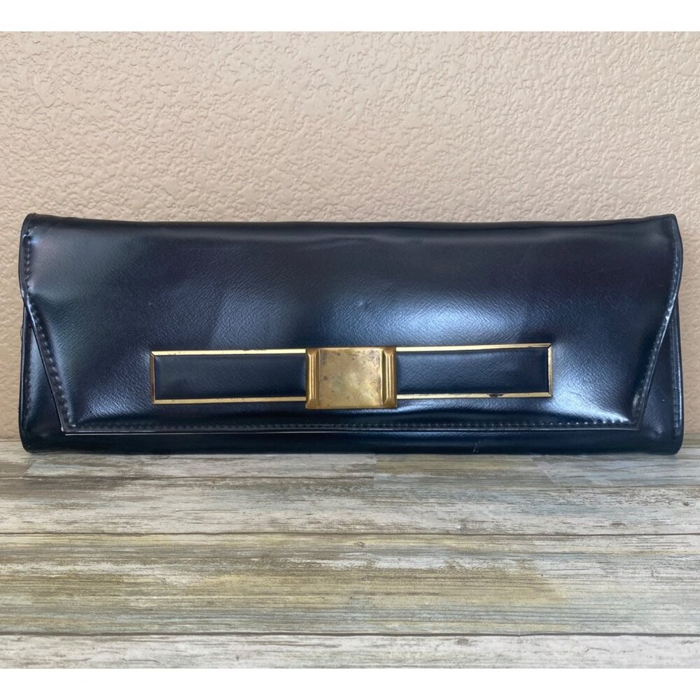1950s Aetna USA Black Patent Envelope Clutch Purse Royaltone Lined 15" Mid Centu - Picture 2 of 16